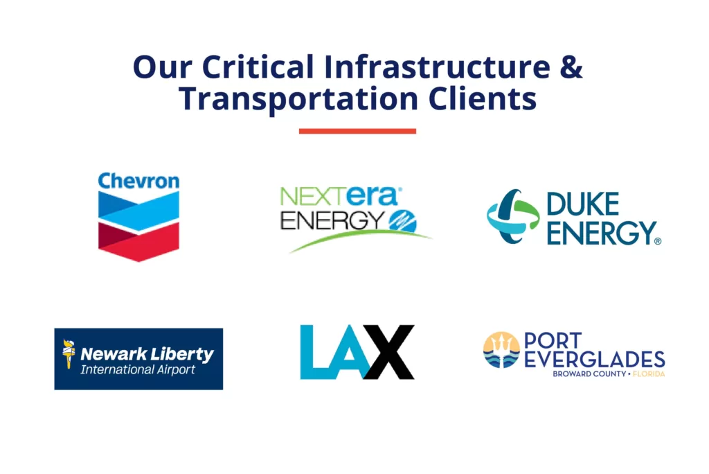 Our Critical Infrastructure and Transportation clients include Chevron, Nextera Energy, Duke Energy, Newark Liberty Airport, LAX, and Port Everglades Florida