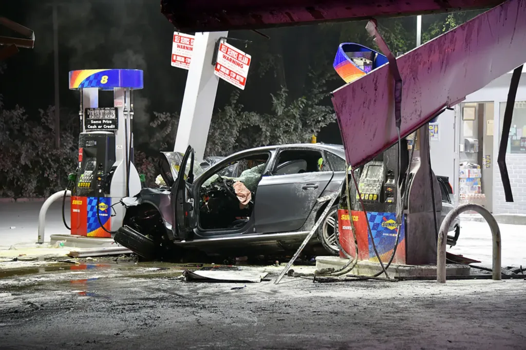Image of a car crash at a gasoline station