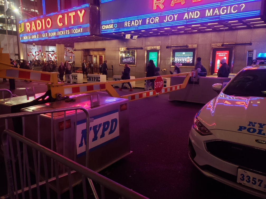 Drop arm barrier at Radio City Music Hall. Protecting public spaces.