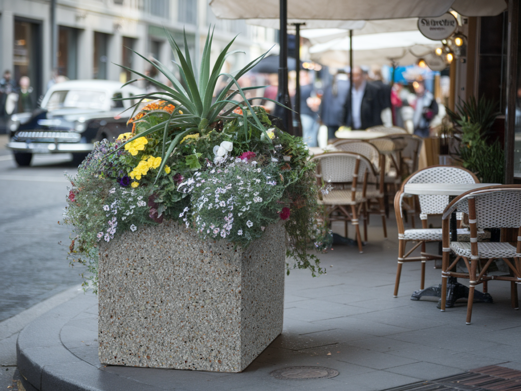 Square concrete bollard cover planter with flowers on busy sidewalk.