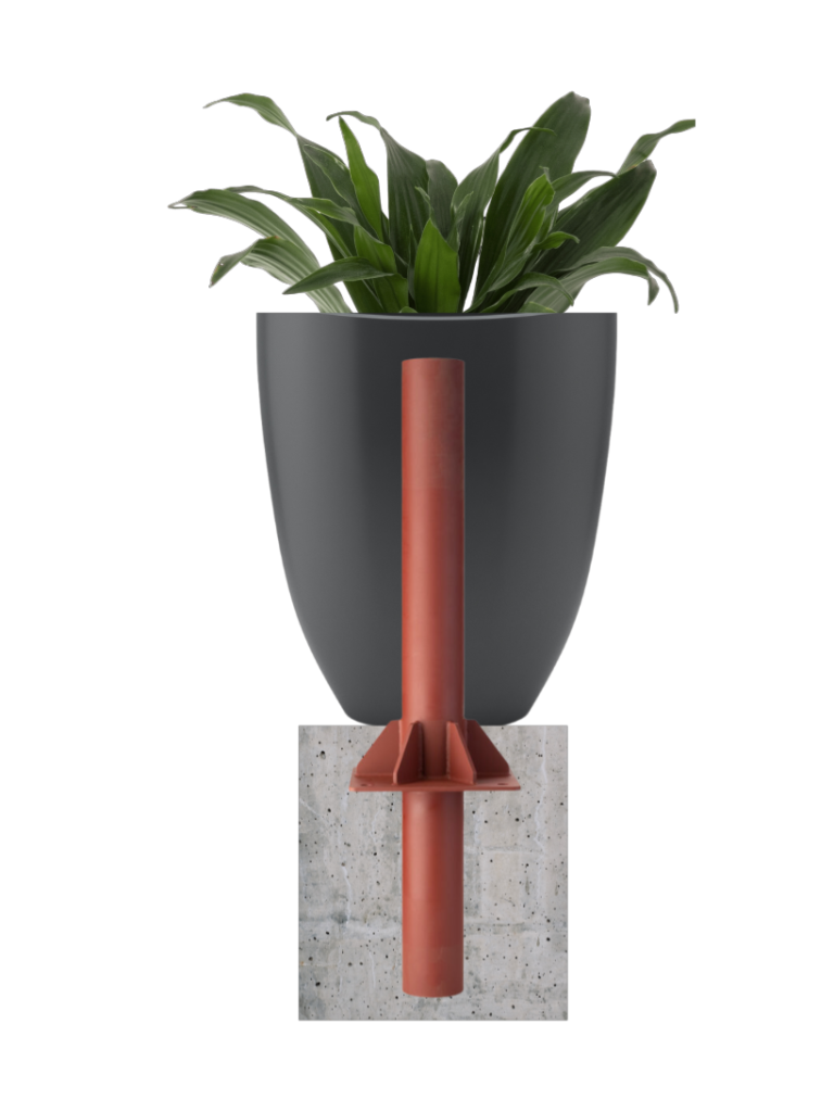 Planter bollard cover illustration. It shows how the bottom of the bollard goes in the ground and is covered with concrete and the top of the bollard is inside a planter.