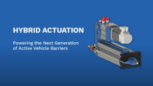 rendering of an actuator along with the text: Hybrid Actuation. Powering the Next Generation of Active Vehicle Barriers
