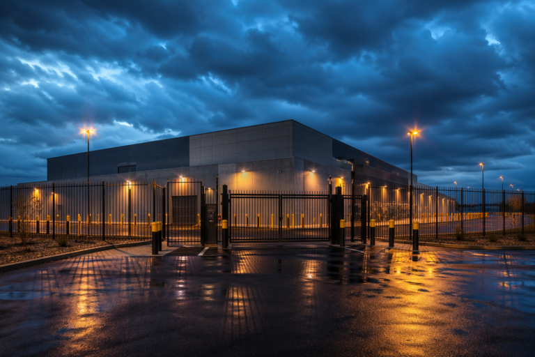 Fencing and bollards around a data center at night.